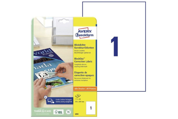 AVERY ZW. Korrektur-Etiketten 210×297mm 6094Z blickdicht 25 Stück