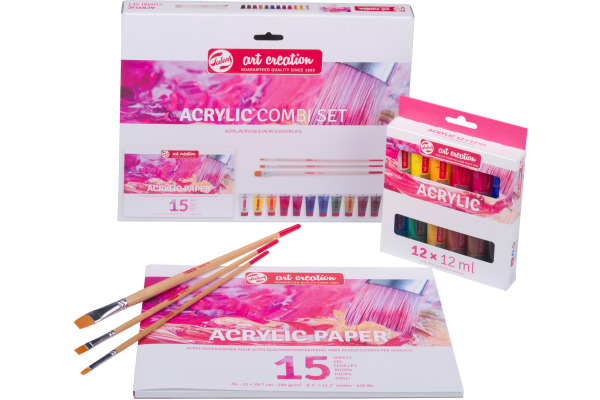 TALENS Acryl Combi Set 12x12ml 9021894M Farbe, Pinsel, Papier