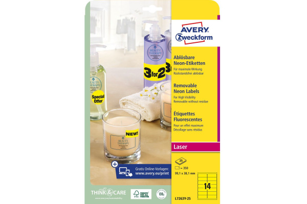 AVERY ZW. Etiketten 99,1x38,1mm L7263Y-25 gelb 350 Stück
