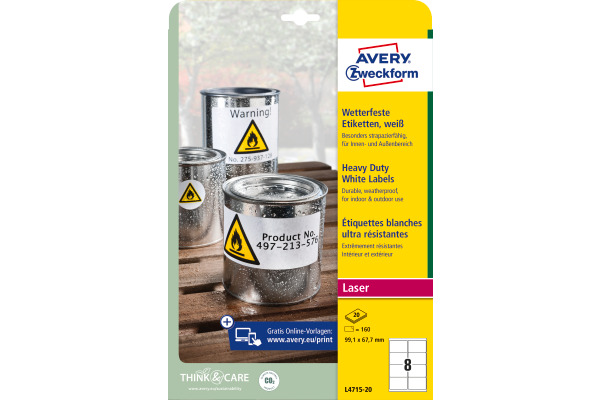 AVERY ZW. Folienetiketten 99,1x67,7mm L4715-20 weiss, perm. 160 St./20 Bl.