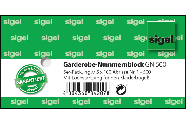 SIGEL Garderobe-Nummernblock GN500 num.1-500,2fbg,sort,5x100 BL