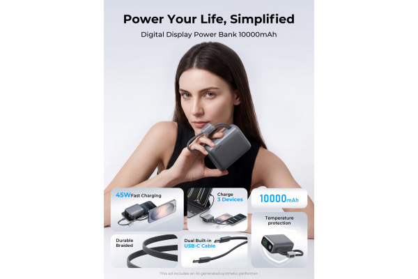 AUKEY Swivel Det-Duo PB 10000mAh PB-Y65-GY 45W,with Built-in Cable,GY