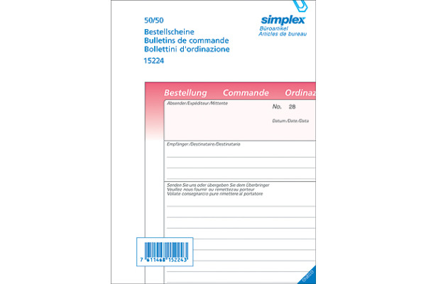 SIMPLEX Bestellscheine D/F/I A5 15225 rosa/rosa/weiss 50x3 Blatt