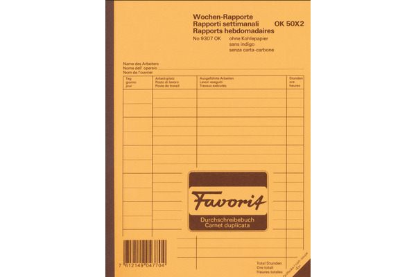 FAVORIT Wochen-Rapporte D/F/I A5 9307 OK Durchschreibepapier 50x2 Blatt