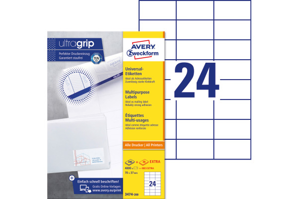 AVERY ZW. Universaletiketten 70x37mm 3474-200 weiss 5280 Stk./200+20 Blatt