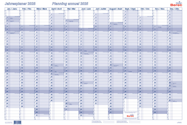 BEREC Jahresplaner quer 2026 5670TF/26 1J/1S blau plastifiz. 60x90cm