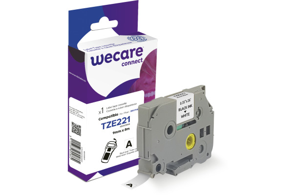 WECARE Band, laminiert schwarz/weiss TZE-221 ersetzt Ptouch TZe-221 9mm