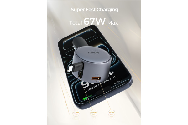 AUKEY Pathfinder Sling Car Charger CC-P5 67W,USB-A&C,Buit-in-Cable