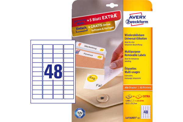 AVERY ZW. Universaletiketten 45,7x21,2mm L4736REV weiss,non-perm. 4800S./100B.