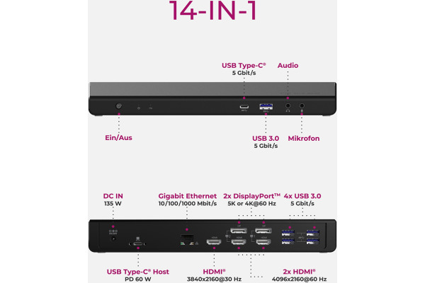 ICY BOX 14 in 1 Dockingstation 60W PD IB-DK2244 4k,3xHDMI,2xDP,USB-A & C