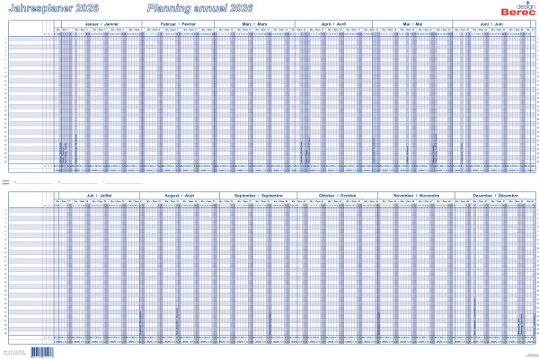 BEREC Jahresplaner 2026 5702TF/26 1J/1S blau plastifiz. 60x90cm