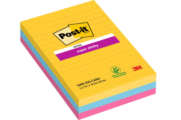 POST-IT SuperSticky Carnival 152x101mm 46903SSCA 3-farbig, liniert 3x90 Blatt