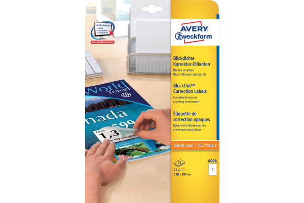 AVERY ZW. Korrektur-Etiketten 210×297mm 6094Z blickdicht 25 Stück