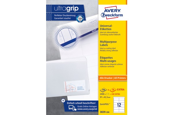 AVERY ZW. Etiketten 97x42,3mm 3659-200 weiss 2640 Stk./200+20 Blatt