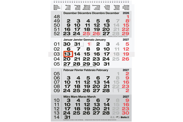 BIELLA 4-Monatskalender Wire-O 2027 889040000 4M/1S grau ML 31x47cm